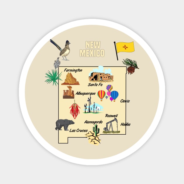 New Mexico tourist map with landmarks, cities and famous symbols, USA Magnet by Mashmosh